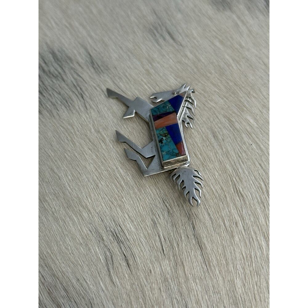 Native American Sterling Silver Inlay Horse Pin Turquoise Coral Robert Vandover - Picture 3 of 15